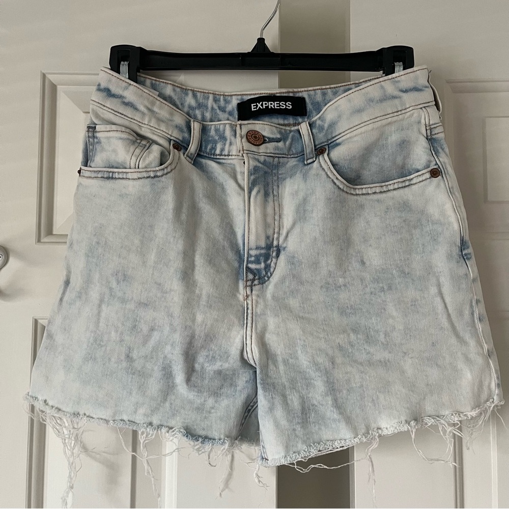 Express Midi High Rise Jean Shorts with Distressed Hem
